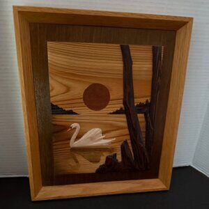 ROBERT JOHNSON Framed Marquetry Wood Inlay Swan on the water -  SIGNED